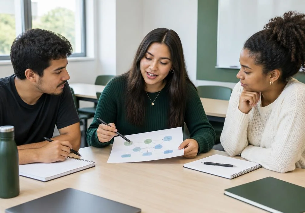 Estudantes discutindo um projeto de administração — imagem ilustrativa para Administração