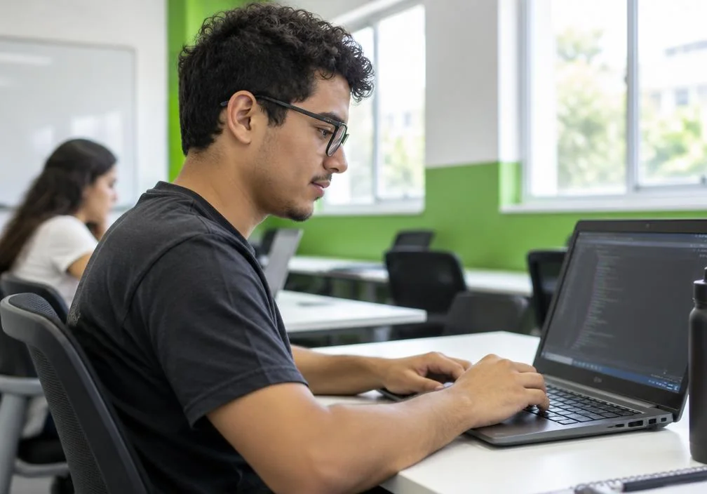Estudante trabalhando no notebook em sala de informática — imagem ilustrativa para Análise e Desenvolvimento de Sistemas